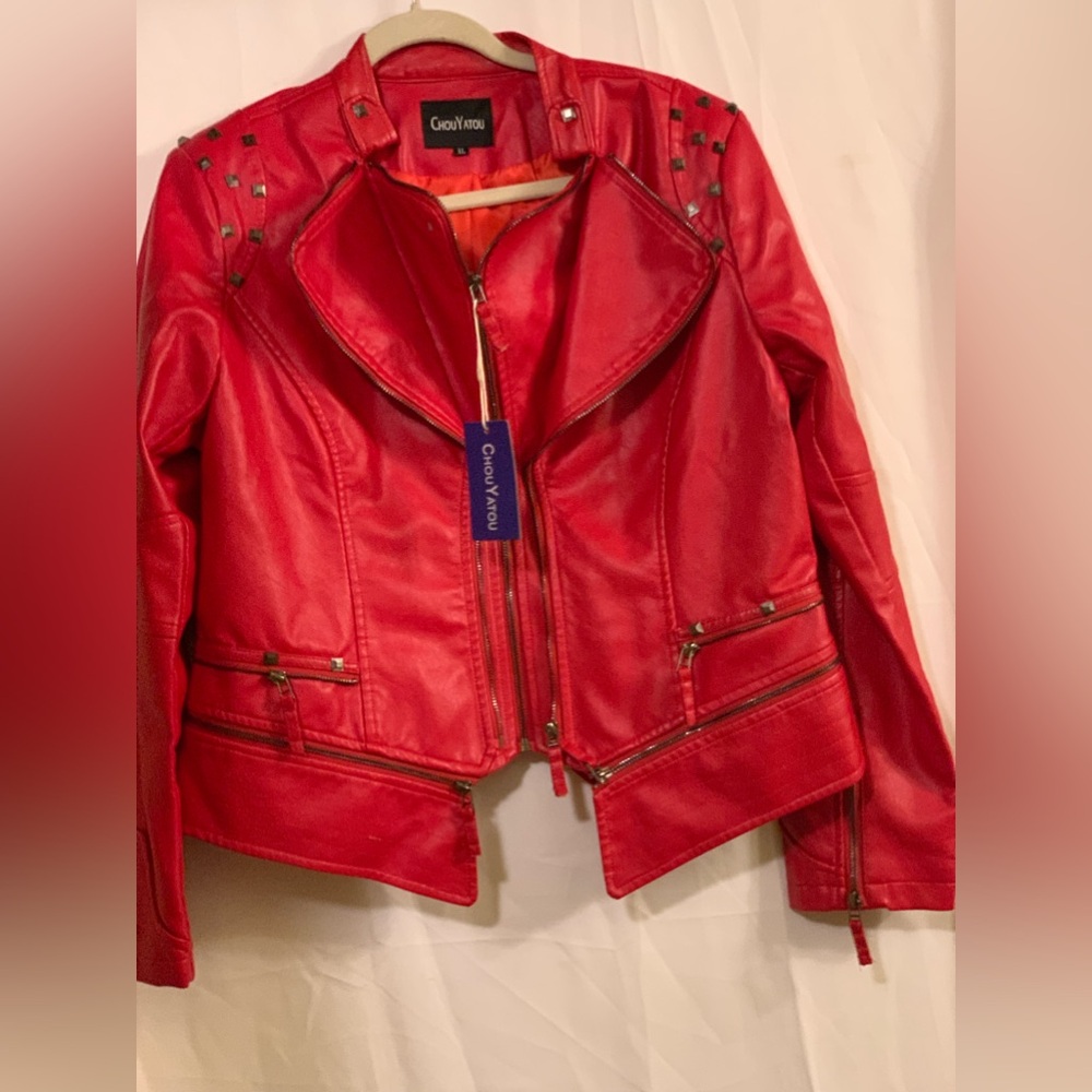 Red Fashion Faux Leather Studded Perfectly Shaping Biker Jacket